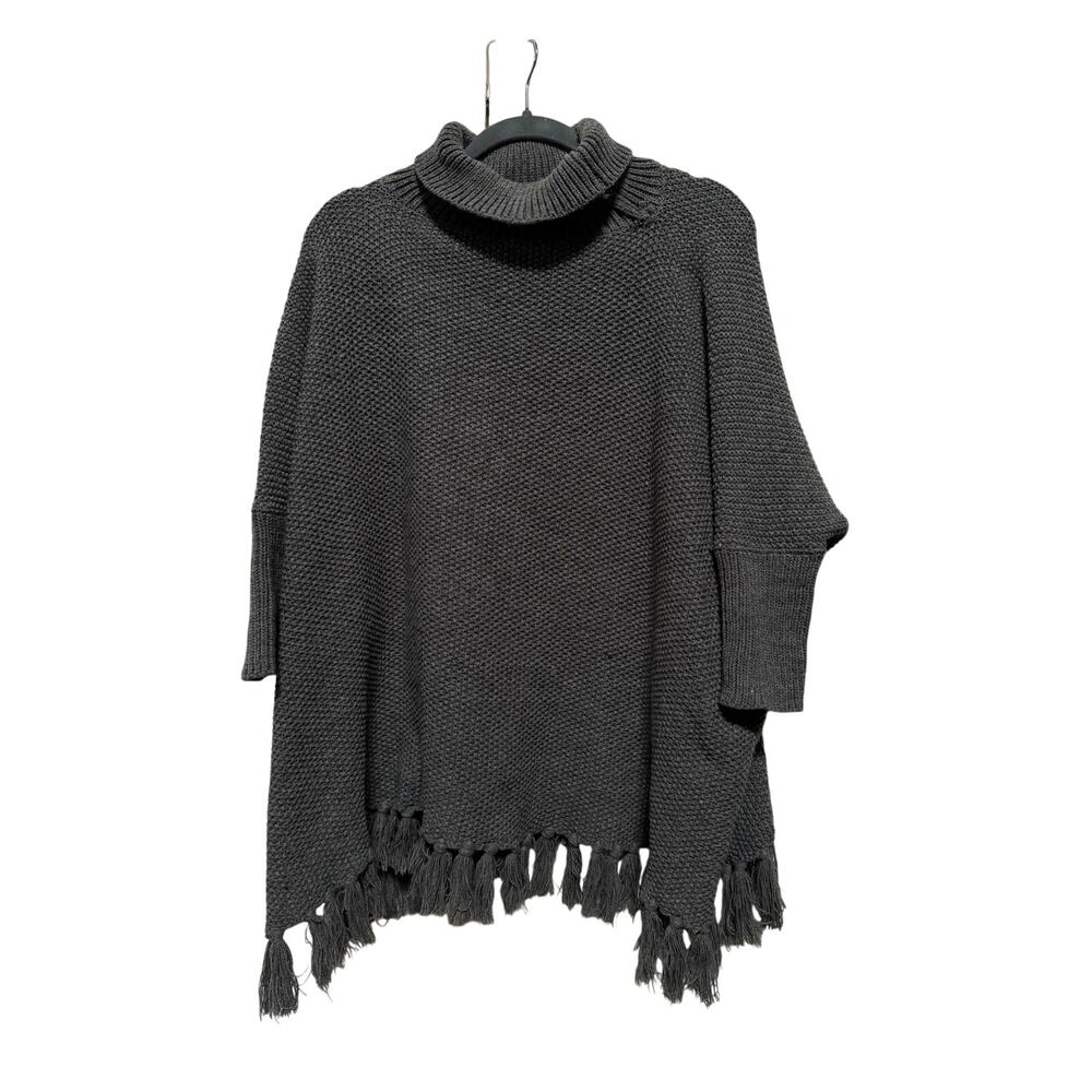 Free People Sweater Poncho Style Fringe Bottom Sleeves Turtleneck One Size Gray